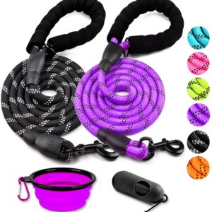 COOYOO 2 Pack Dog Leash 6 FT Heavy Duty - Comfortable Padded Handle - Reflective Dog Leash for Medium Large Dogs with Collapsible Pet Bowl Set 3-Black+Purple