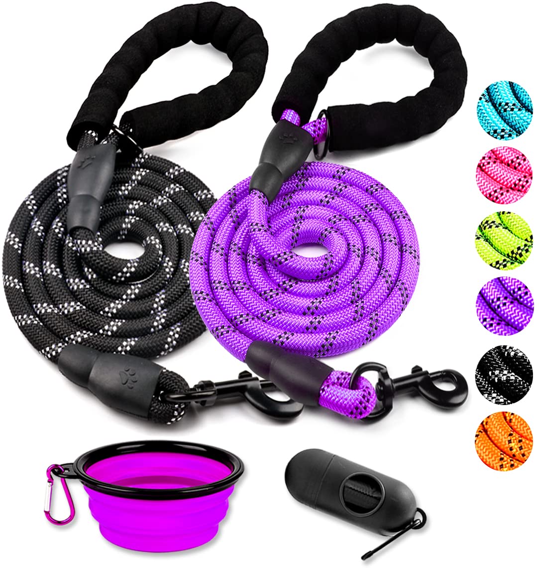 COOYOO 2 Pack Dog Leash 6 FT Heavy Duty - Comfortable Padded Handle - Reflective Dog Leash for Medium Large Dogs with Collapsible Pet Bowl Set 3-Black+Purple