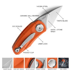 BESTECH KNIVES Mini Folding Pocket Knife: 1.53" 14C28N Steel Stain Stonewash Tanto Blade, G10 Handle, Front Flipper Liner Lock, Good for Outdoor EDC (BG38C Orange)