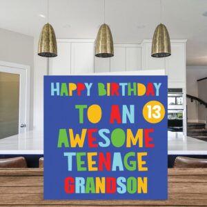 Stuff4 Fun 13th Birthday Cards for Grandson - Awesome Teenage Grandson 13 - Happy 13th Birthday Card from Grandpa Grandma Nanny, 5.7 x 5.7 Inch Thirteen Thirteenth Bday Greeting Cards Gift