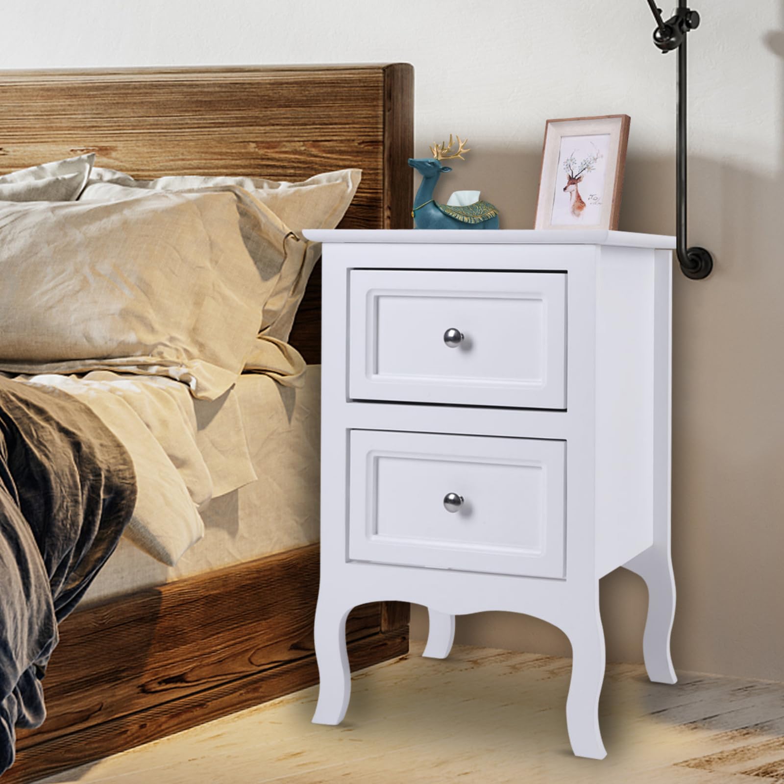 Karl home White Nightstand Set of 2. Farmhouse End Side Table Set of 2 Bedside Nightstands Chest with Drawers Small Night Stand with 2 Drawer and Solid Wood Legs for Bedroom, Living Room