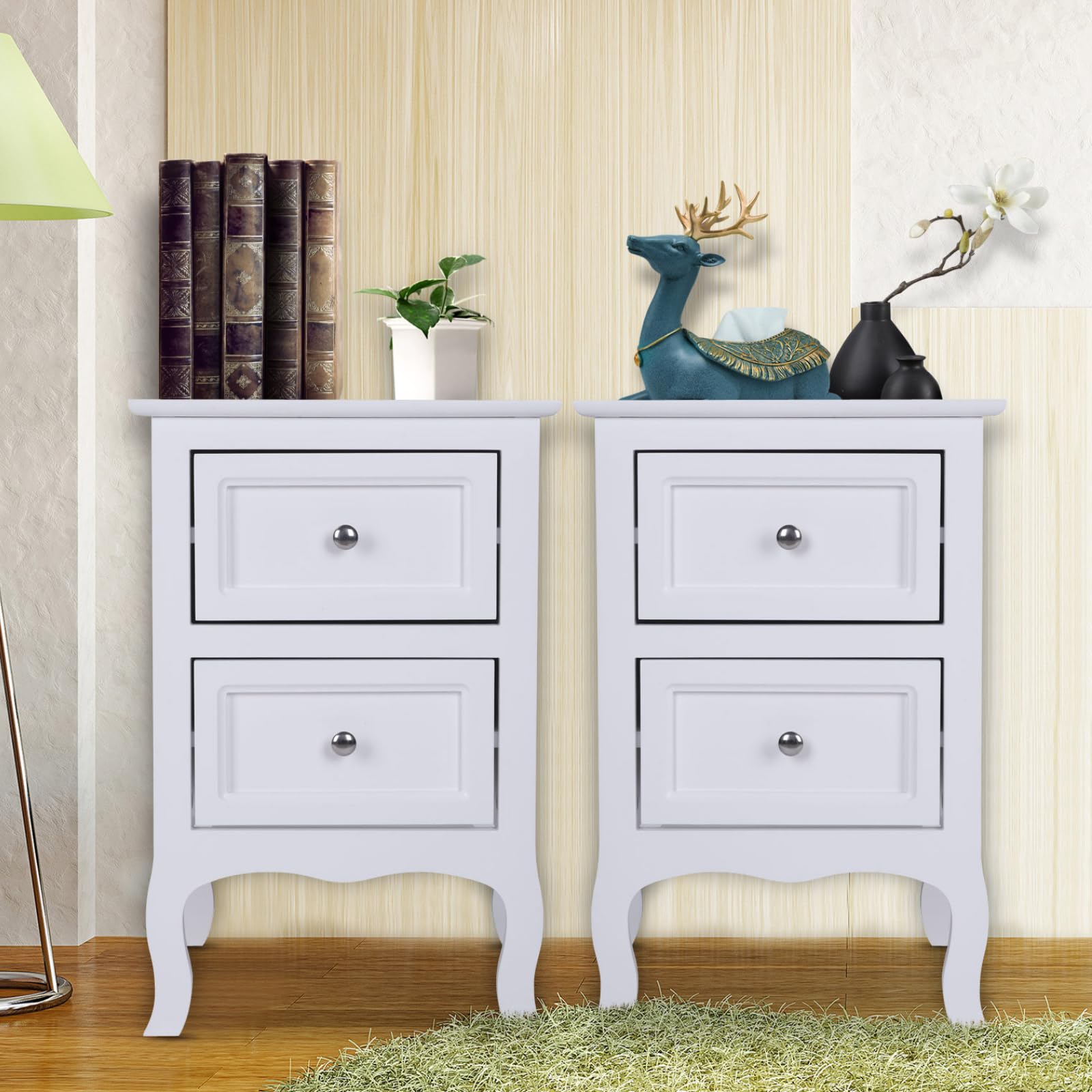 Karl home White Nightstand Set of 2. Farmhouse End Side Table Set of 2 Bedside Nightstands Chest with Drawers Small Night Stand with 2 Drawer and Solid Wood Legs for Bedroom, Living Room