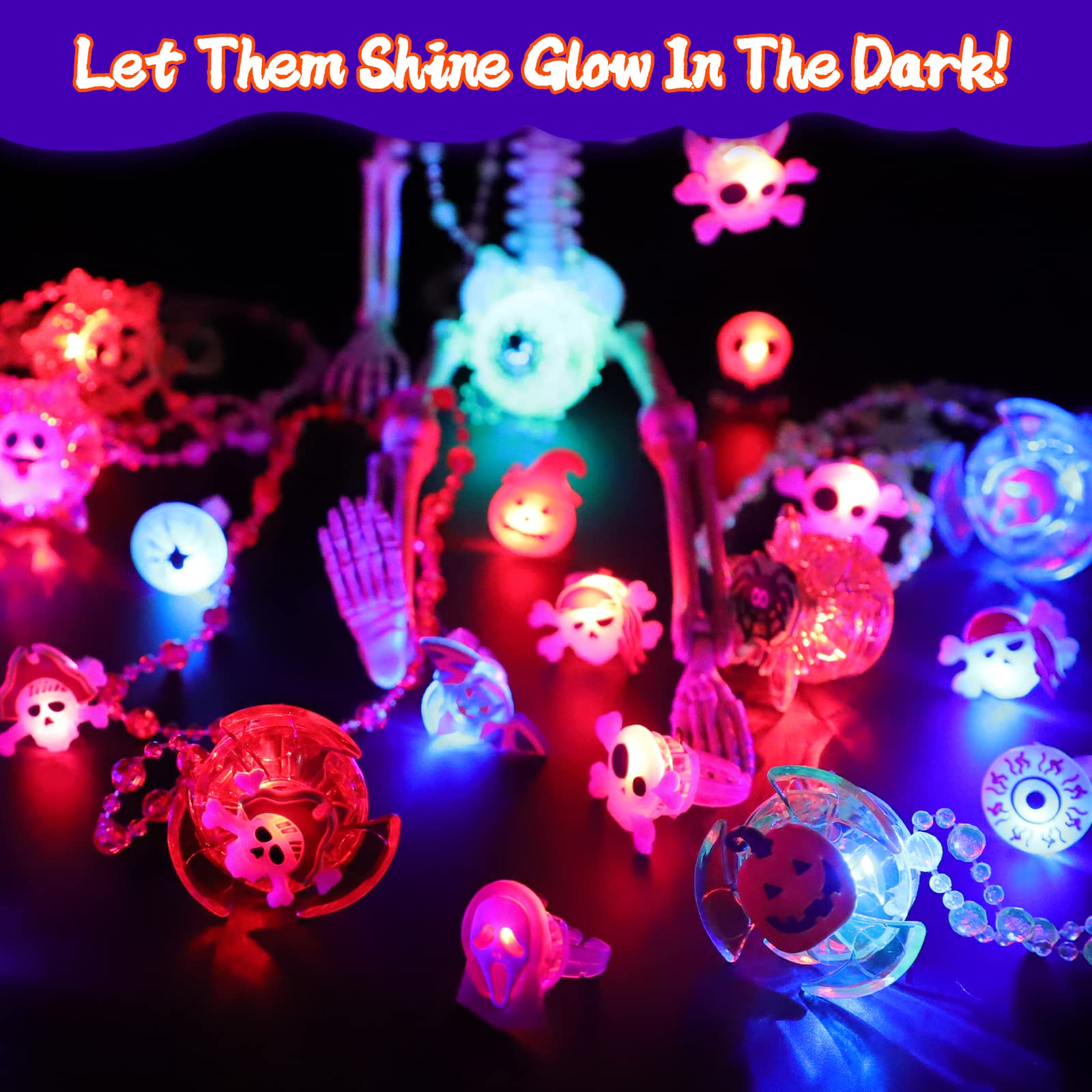 AMENON 60 Pcs Halloween Party Favors for Kids, 10 Styles Rotating Light Up Necklaces & 50 LED Flash Rings Halloween Toys Gifts Ghost Glow in The Dark Party Supplies Halloween Treat Goodie Bag Fillers