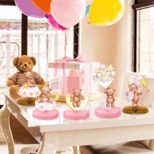 9 Pcs Bear Baby Shower Honeycomb Centerpieces Party Decorate Pink Little Bear Balloons Paper Topper Honeycomb 3D Table Decoration for Kids Party Baby Shower Party Supplies