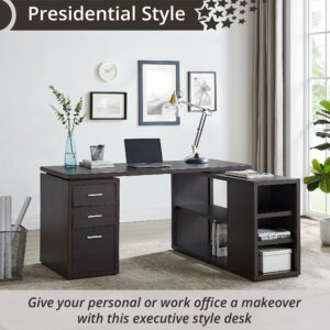 Naomi Home Ariel L Shaped Executive Desk with Drawers, Wood Home Office Corner Desk, File Drawer, Storage Cabinet, 60 inch Computer Writing Desk- Espresso