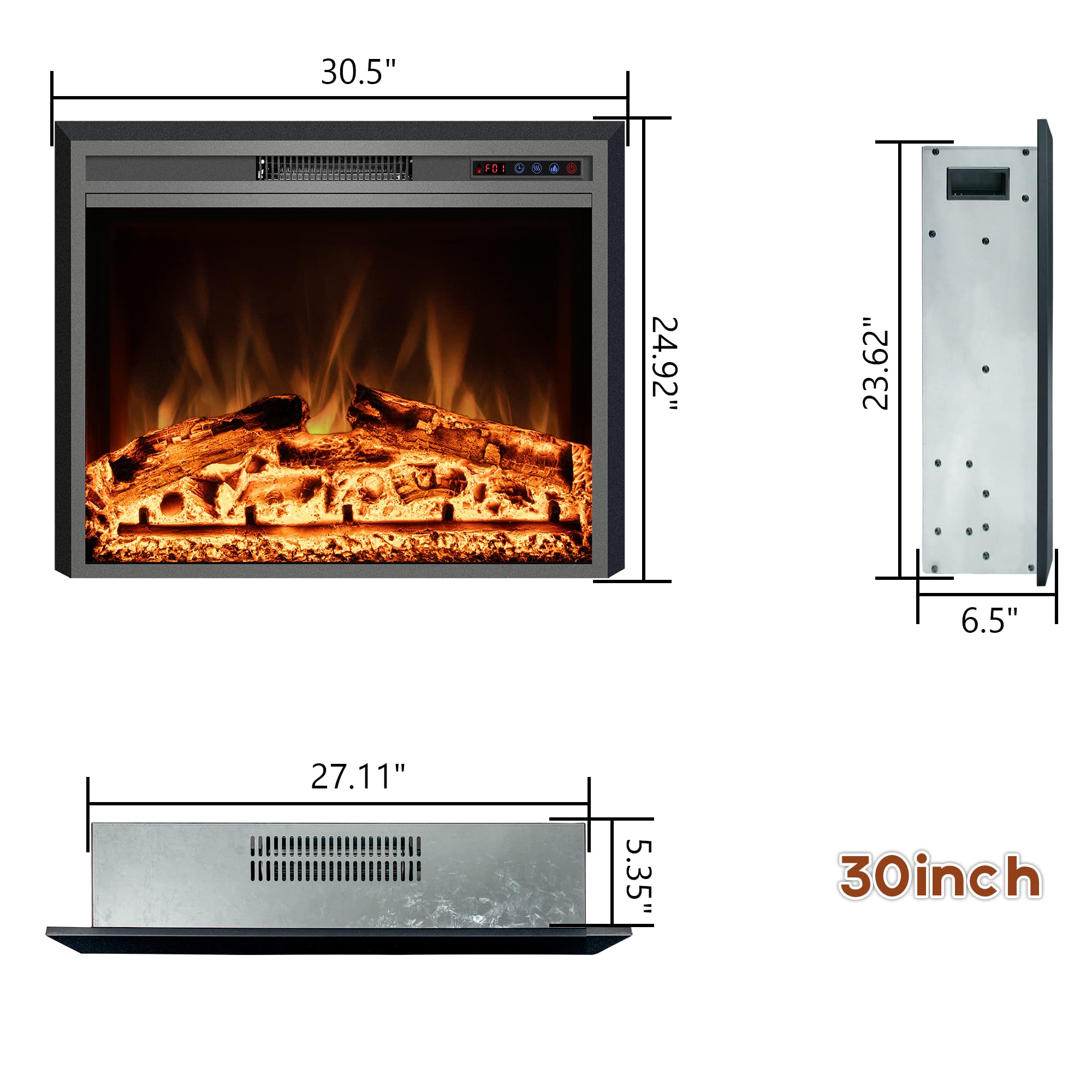 Kentsky Electric Fireplace, 30" Electric Fireplace Inserts, Recessed Fireplace Heater with Remote Control, Adjustable Flame Colors, Timer&Overheating Protection, 750/1500W