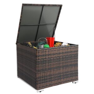 henf 67 gallon outdoor wicker storage box patio rattan square storage deck box, all weather patio furniture storage organizer for storing tools, accessories and toys (brown)