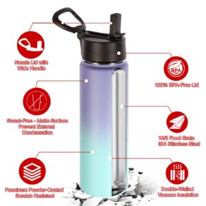 Volhoply Insulated Water Bottles with Straw Bulk 2 Pack, 22 oz Stainless Steel Sports Bottle with Handle Lid,Double Walled Metal Water Thermos with Wide Mouth,Reusable Cold Water Flask(Assorted,2 Set)