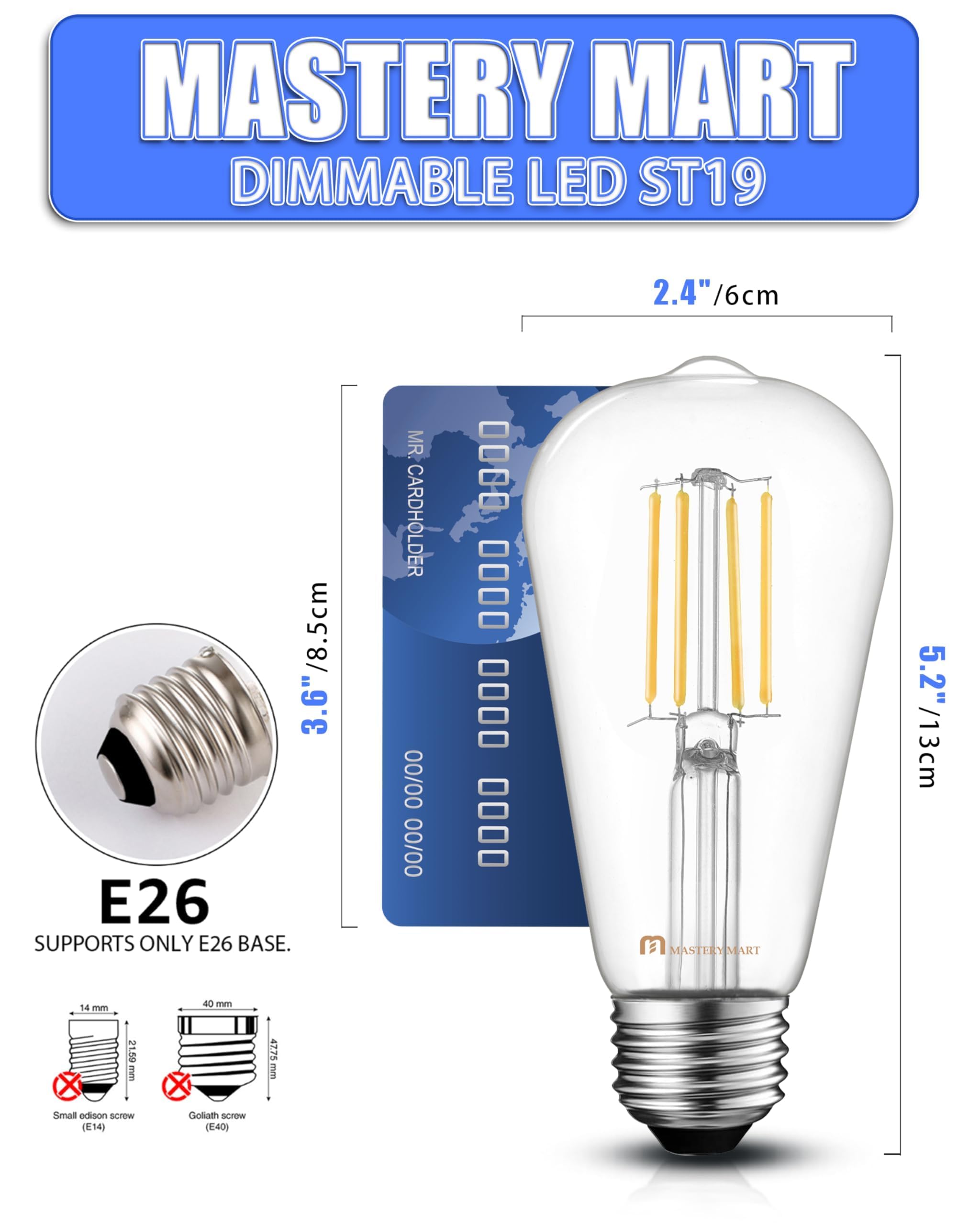 MASTERY MART Dimmable E26 Edison Bulbs 6 Pack, 5.5W LED Light Bulbs (60W Equivalent), Cool White 4000K, Clear Glass ST19 ST21