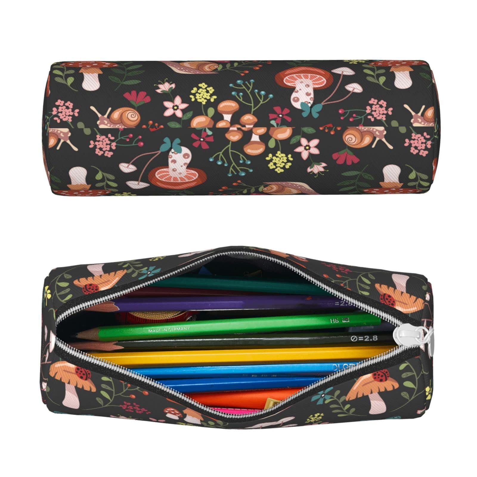 Ykklima Mushroom Snails Butterfly Flower Pattern Leather Pencil Case Zipper Pen Makeup Cosmetic Holder Pouch Stationery Bag for School Work Office