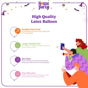 HOUSE OF PARTY Halloween Balloon Garland Kit 80 Pcs - 5/10/12/18 Inch Orange and Black White Balloon Arch with 1 Pumpkin Foil Balloon, PVC Bats & Spider Web For Halloween Party Decorations