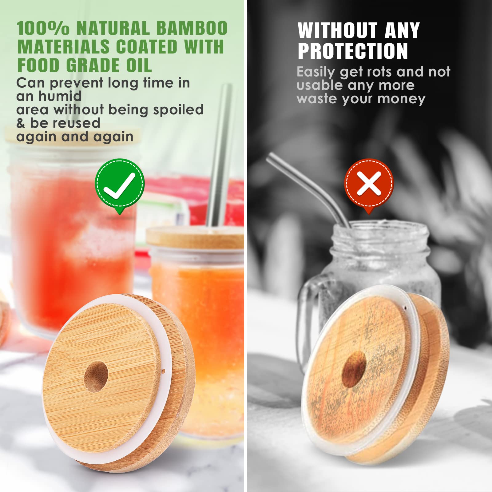 TRUSBER 4 Pack Reusable Bamboo Regular Mouth Drinking Lids with Straw Hole and Straw for Mason Jar (JAR NOT INCLUDED)