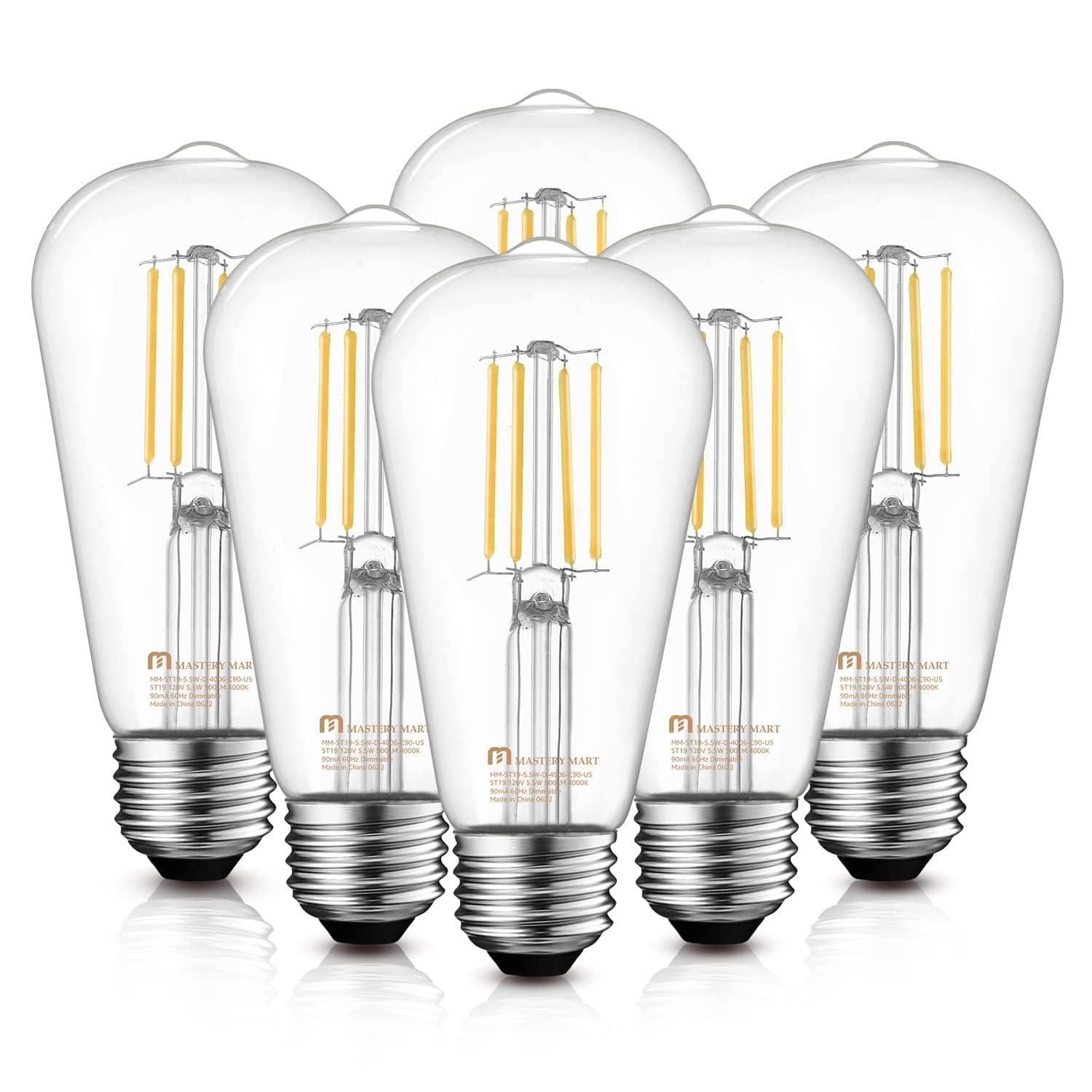 MASTERY MART Dimmable E26 Edison Bulbs 6 Pack, 5.5W LED Light Bulbs (60W Equivalent), Cool White 4000K, Clear Glass ST19 ST21