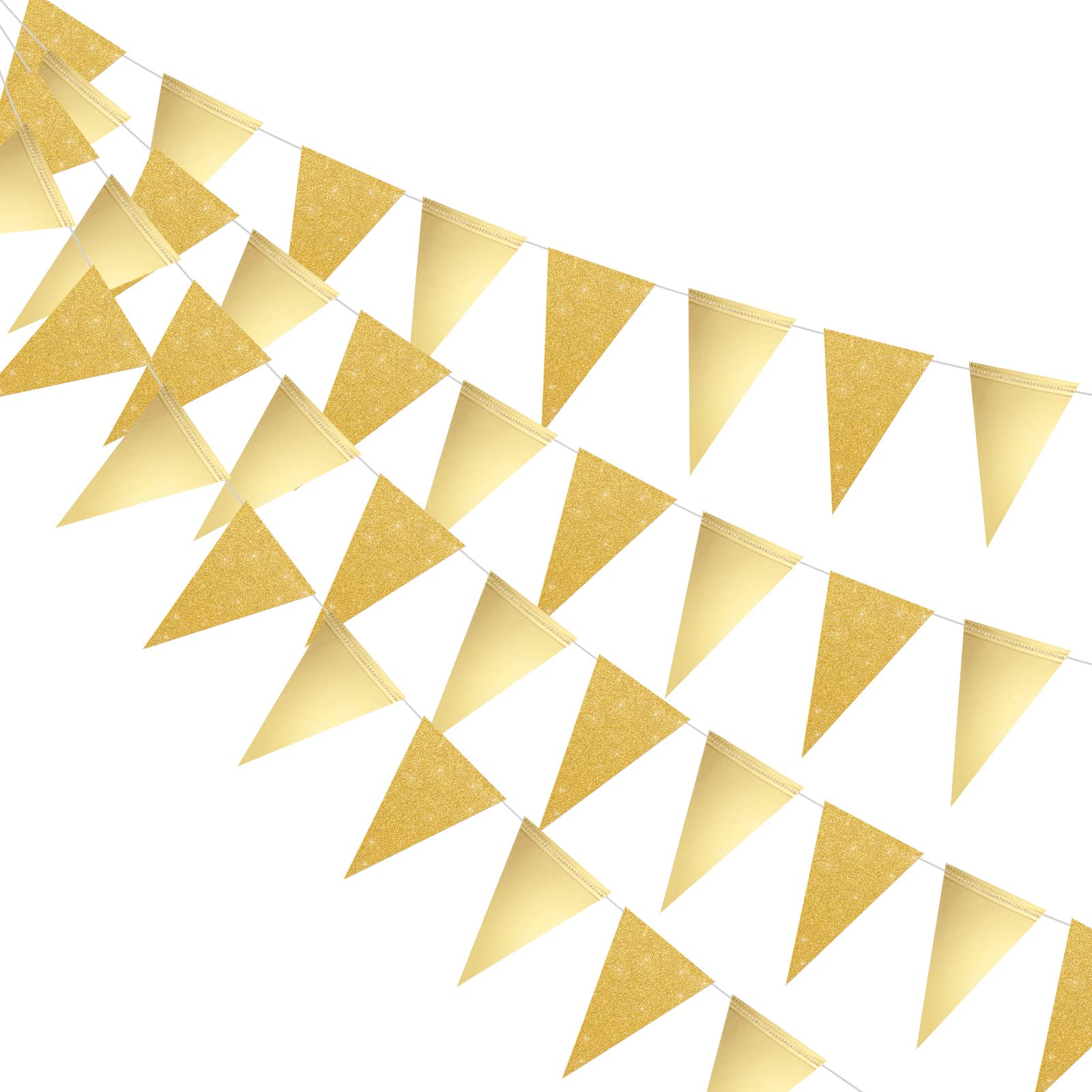 39 Ft Double Sided Glitter Metallic Paper Triangle Flag Pennant Bunting Banner for Wedding Birthday Holiday Festivals Anniversary Bridal Shower Hen Party Theme Party Decorations Supplies(Gold)