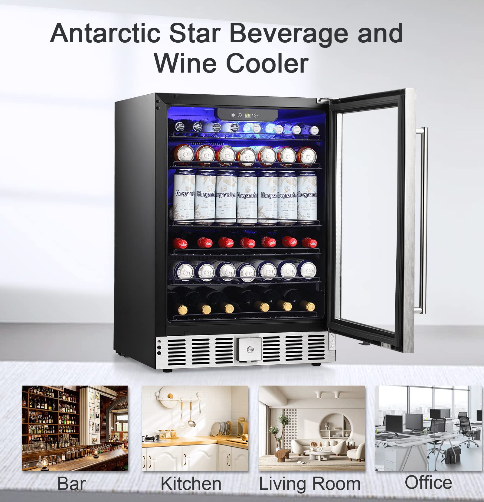 Antarctic Star 5.1 Cu.Ft Beverage Refrigerator,166 Can Wine Cooler,Low Noise,Transparent Glass Door, Efficient Cooling System with Safety Lock, for Home, Bar, Office, 24 Inch, Stainless Steel Silver