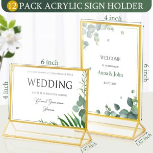 12 Pieces Gold Frames Clear Acrylic Sign Holder Double Sided Menu Display Stand with Gold Borders 2mm Table Number Holder for Wedding Recipe Cards Photo Display(Horizontal Vertical,4 x 6 Inch)