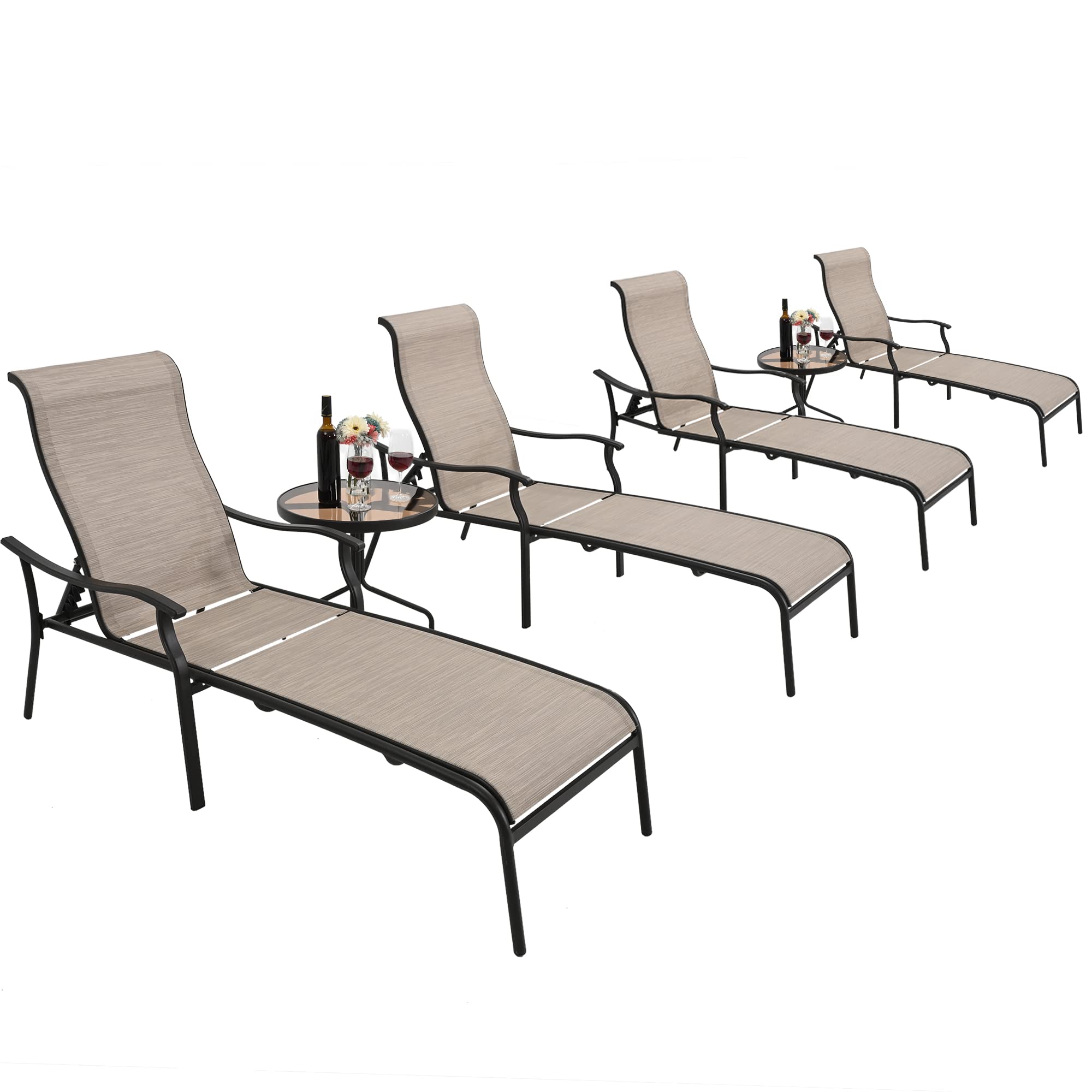 HAPPATIO Patio Chaise Lounge Set 6 Pieces,Patio Lounge Chair with Glass Coffee Table,Pool Lounge Chair with Breathable Textilene Fabric,Patio Chaise Lounge Chair(Brown)