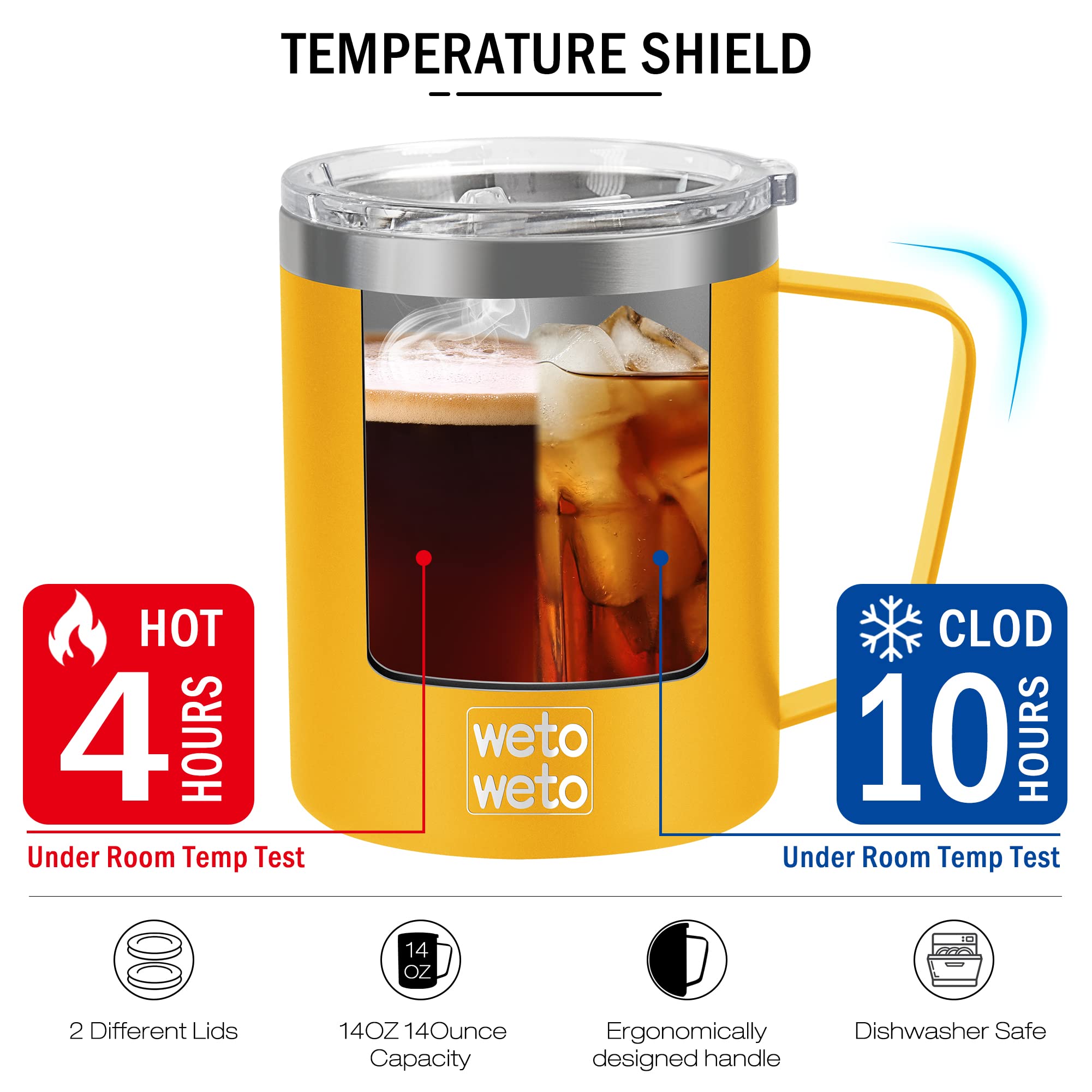 WETOWETO 14 oz Coffee Mug, Vacuum Insulated Camping Mug with Lid, Double Wall Stainless Steel Travel Tumbler Cup, Coffee Thermos Outdoor, Powder Coated Alpine Yellow