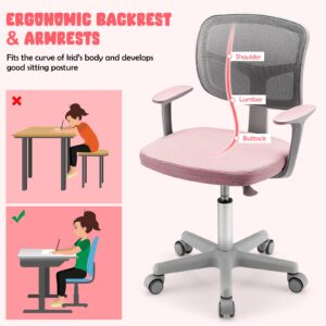 GLACER Kids Desk Chair with Arms, 330 LBS Adjustable Mesh Study Chair with Wheels for Girls Boys, Swivel Computer Task Chair with Lumbar Support, Teen Office Chair for Home, School, Bedroom (Pink)