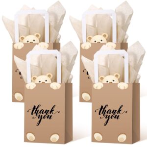 eersida 16 pcs teddy bear gift bags baby shower bags bear birthday decorations thank you paper bags with tissue handles brown candy treat bags for guests wedding kids prizes school party supplies