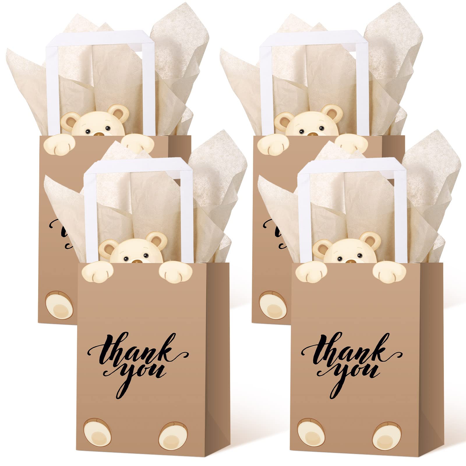 Eersida 16 Pcs Teddy Bear Gift Bags Baby Shower Bags Bear Birthday Decorations Thank You Paper Bags with Tissue Handles Brown Candy Treat Bags for Guests Wedding Kids Prizes School Party Supplies