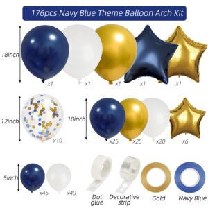 RUBFAC 176pcs Navy Blue Gold Balloons Arch Kit, Navy Blue Balloon Garland Metallic Gold White Confetti Balloon Foil Balloons for Baby Shower Birthday Party Wedding Anniversary Graduation Decoration