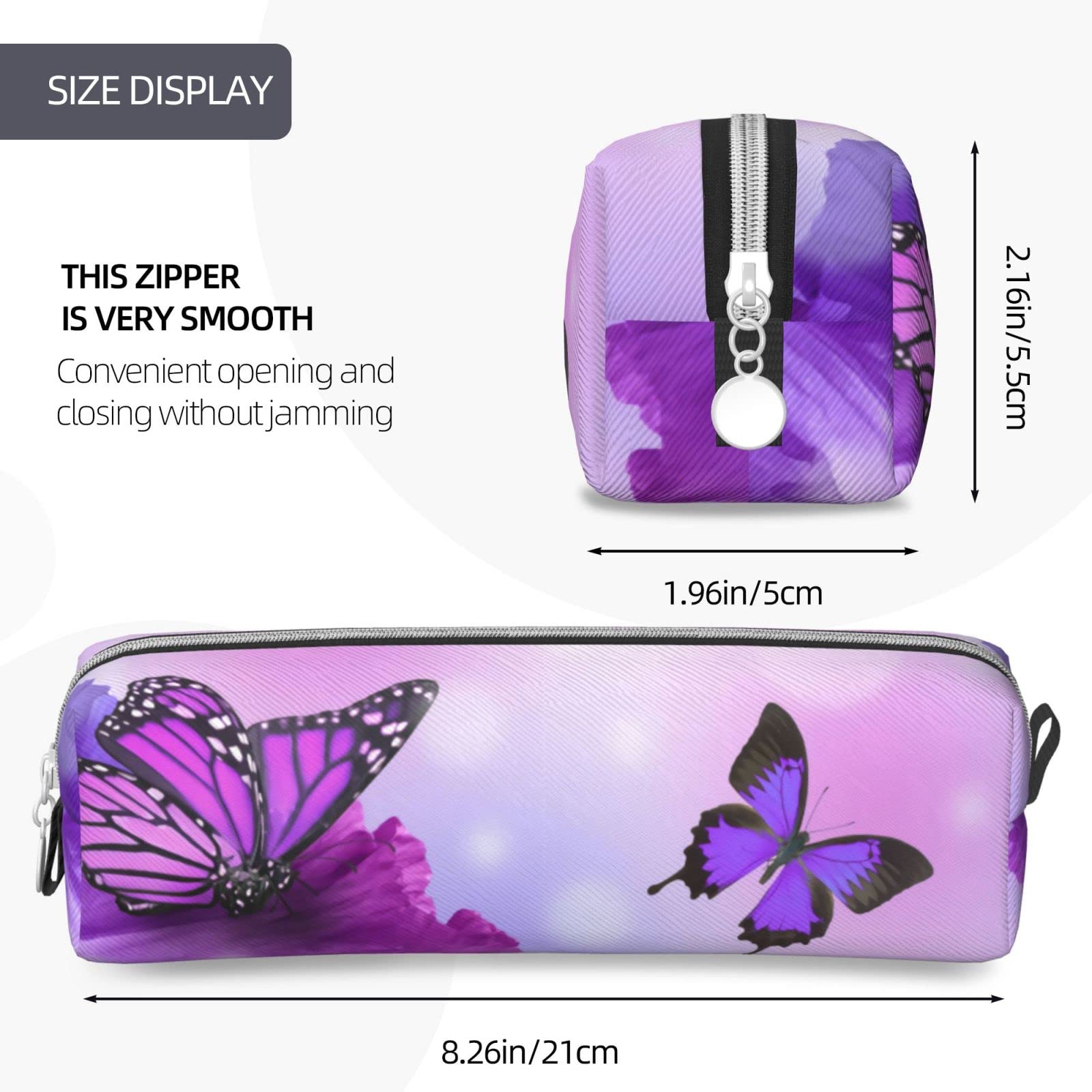 Ykklima Leather Pencil Case - Butterfly on Purple Flowers Pattern, Stationery Bag Pen Organizer Makeup Cosmetic Holder Pouch for School Work Office College