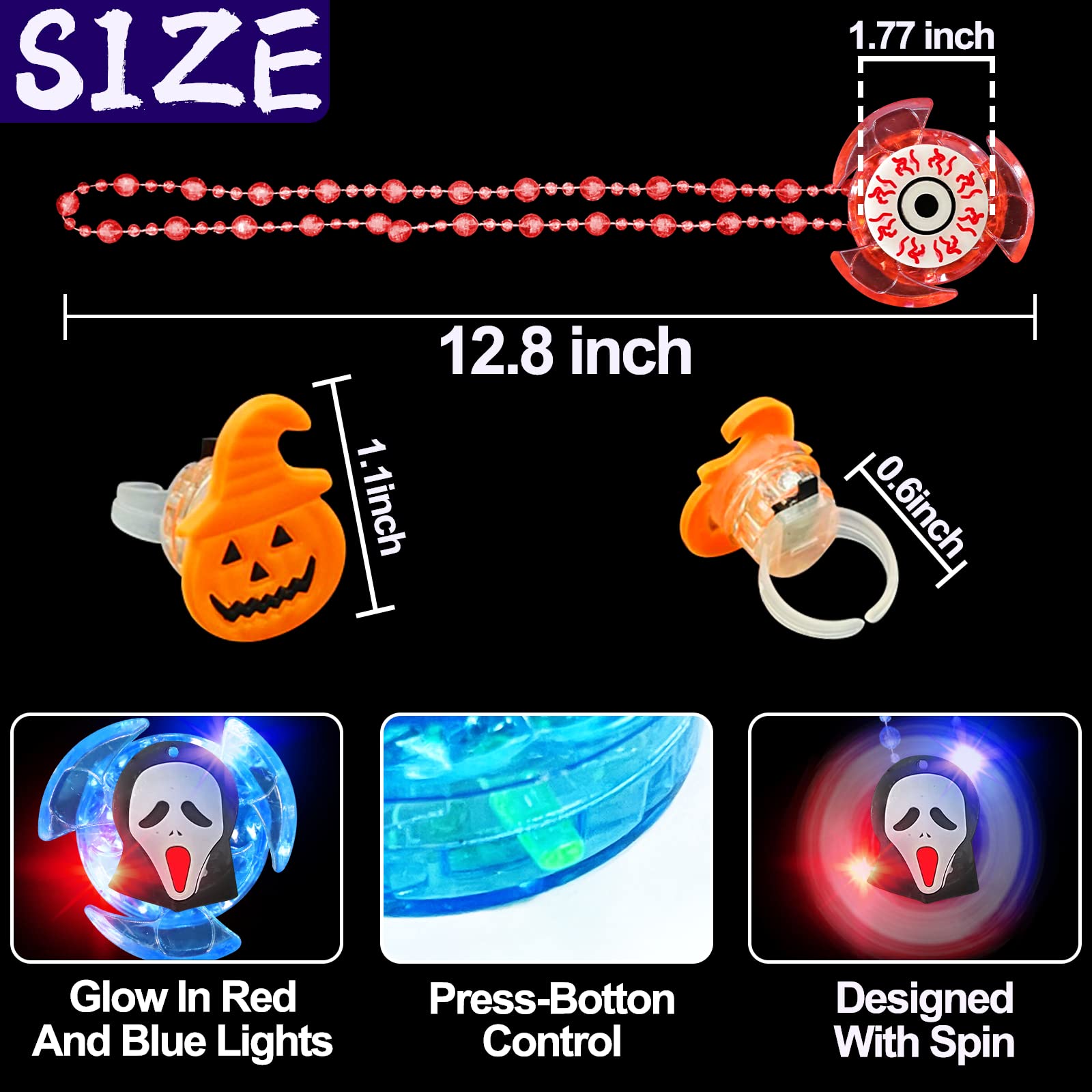 AMENON 60 Pcs Halloween Party Favors for Kids, 10 Styles Rotating Light Up Necklaces & 50 LED Flash Rings Halloween Toys Gifts Ghost Glow in The Dark Party Supplies Halloween Treat Goodie Bag Fillers