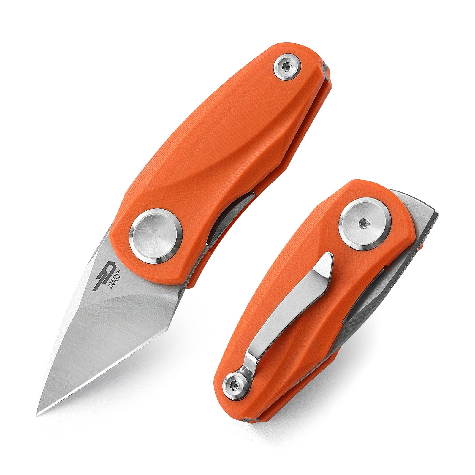 BESTECH KNIVES Mini Folding Pocket Knife: 1.53" 14C28N Steel Stain Stonewash Tanto Blade, G10 Handle, Front Flipper Liner Lock, Good for Outdoor EDC (BG38C Orange)