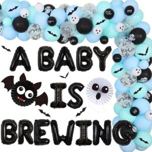 halloween baby shower decorations for boy - a baby is brewing blue balloon garland arch kit ghost bat foil balloon baby shower pregnancy announcement gender reveal party supplies