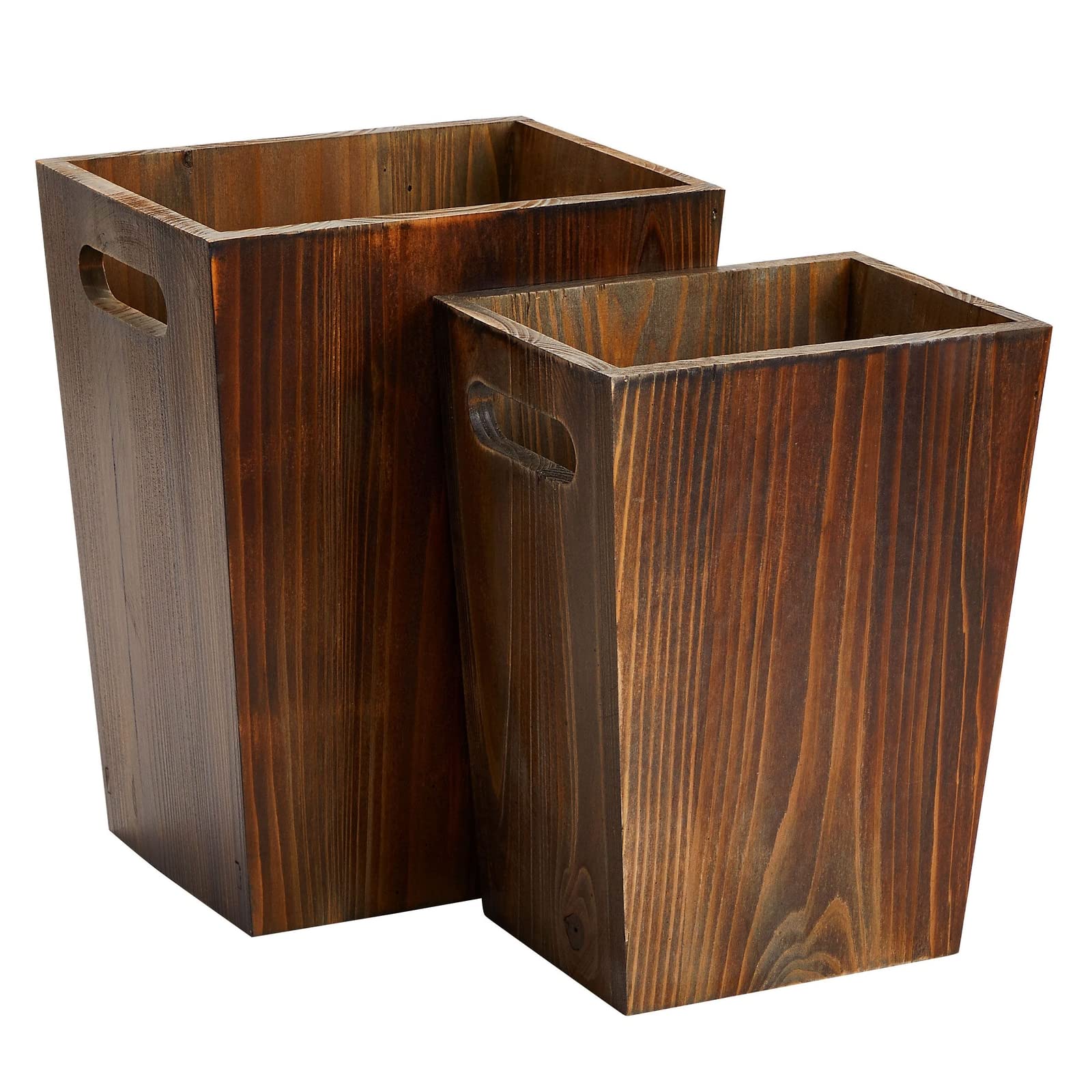 2 Piece Rustic Style Wood Trash Can Set, Farmhouse Square Wastebasket Bin with Handles for Home or Office (Brown, Small & Large)