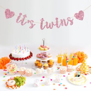 INNORU It's Twins Banner for Girls, Baby Shower Gender Reveal Party for Babies, Twin Girls 1st Birthday Party Decorations Supplies, Pink Glitter