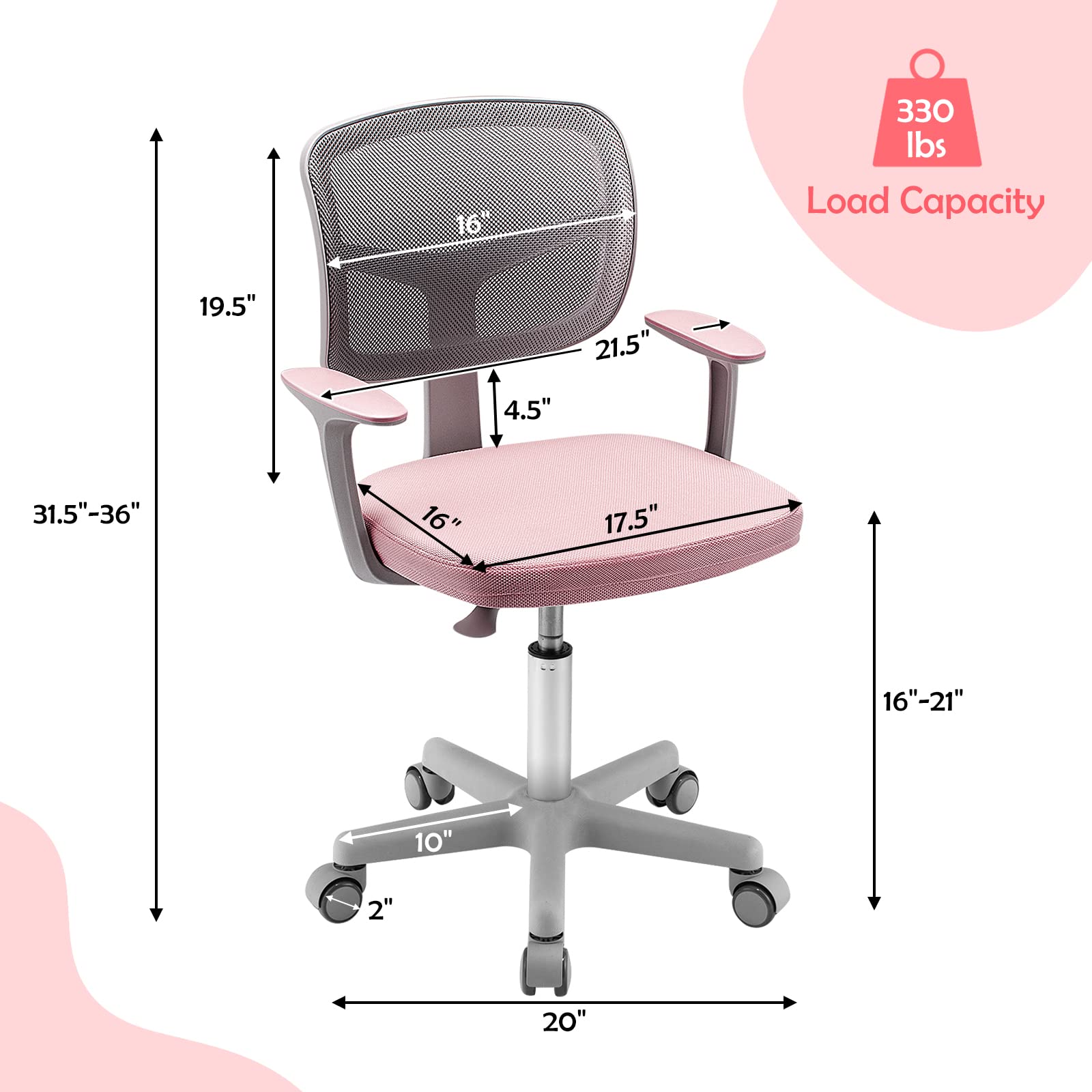 GLACER Kids Desk Chair with Arms, 330 LBS Adjustable Mesh Study Chair with Wheels for Girls Boys, Swivel Computer Task Chair with Lumbar Support, Teen Office Chair for Home, School, Bedroom (Pink)