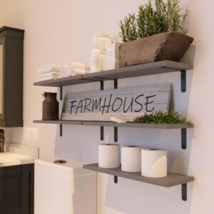 RICHER HOUSE Floating Shelves for Wall Décor, Rustic Wood Wall Shelves for Bedroom Set of 5, Farmhouse Floating Shelf for Bathroom, Hanging Shelves for Storage, Wall Mounted Shelves – Grey