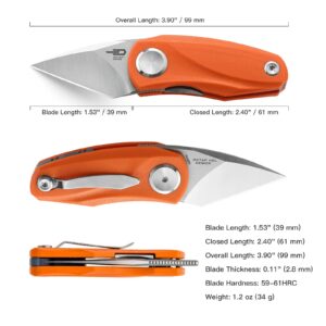 BESTECH KNIVES Mini Folding Pocket Knife: 1.53" 14C28N Steel Stain Stonewash Tanto Blade, G10 Handle, Front Flipper Liner Lock, Good for Outdoor EDC (BG38C Orange)