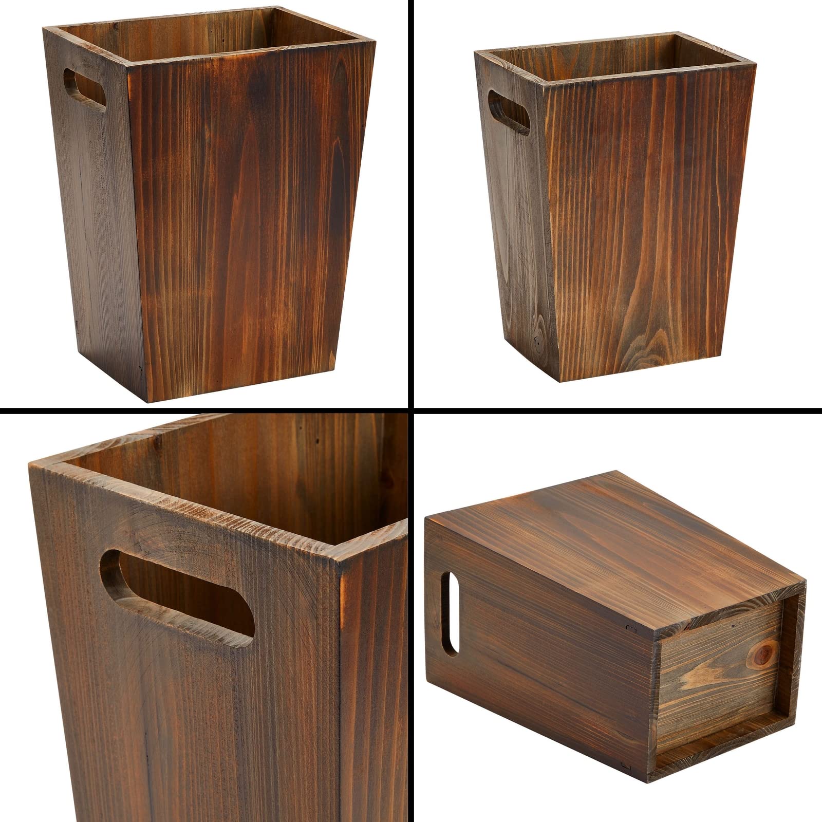 2 Piece Rustic Style Wood Trash Can Set, Farmhouse Square Wastebasket Bin with Handles for Home or Office (Brown, Small & Large)