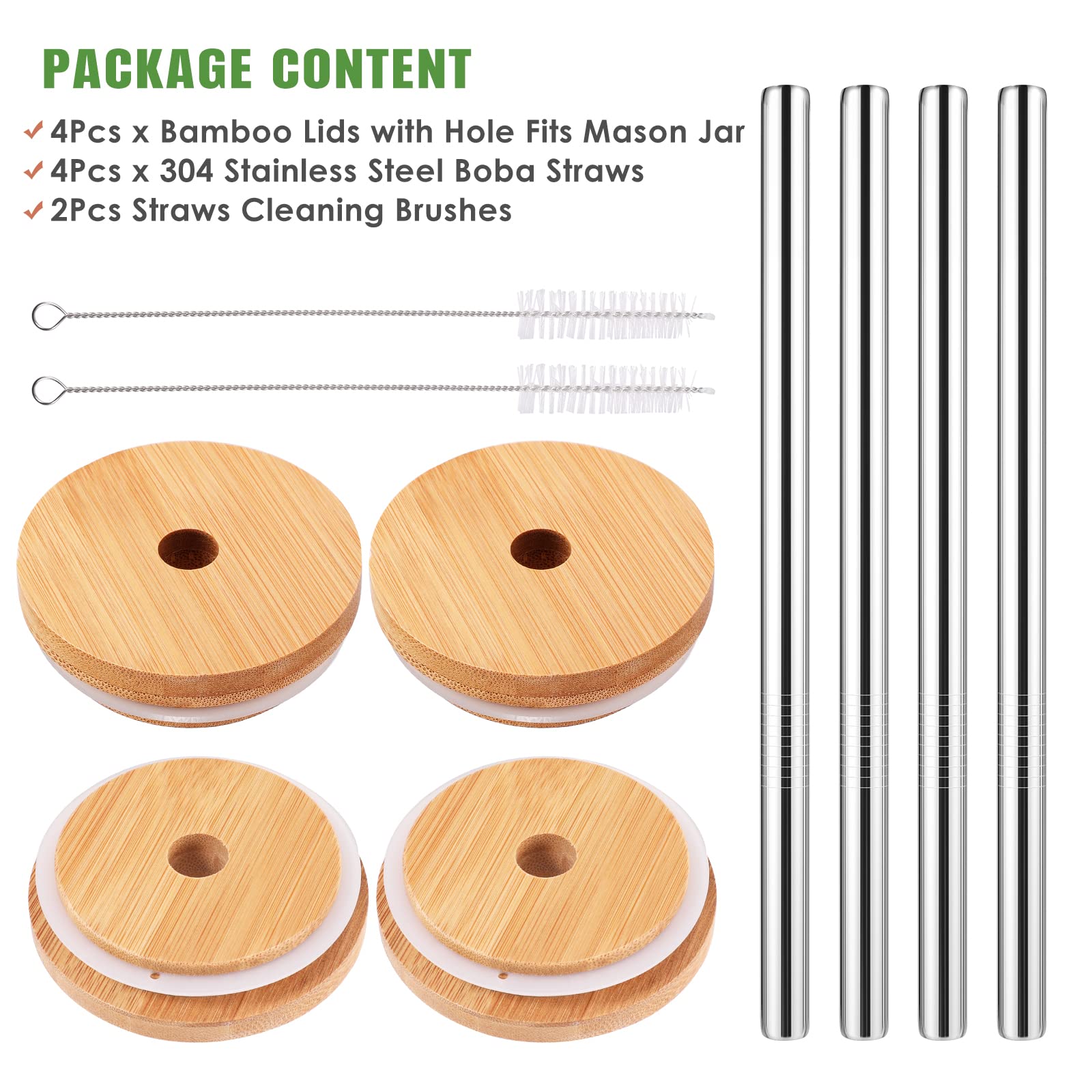 TRUSBER 4 Pack Reusable Bamboo Regular Mouth Drinking Lids with Straw Hole and Straw for Mason Jar (JAR NOT INCLUDED)