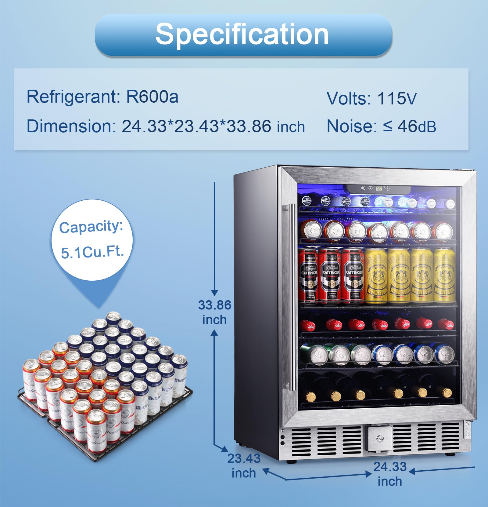 Antarctic Star 5.1 Cu.Ft Beverage Refrigerator,166 Can Wine Cooler,Low Noise,Transparent Glass Door, Efficient Cooling System with Safety Lock, for Home, Bar, Office, 24 Inch, Stainless Steel Silver