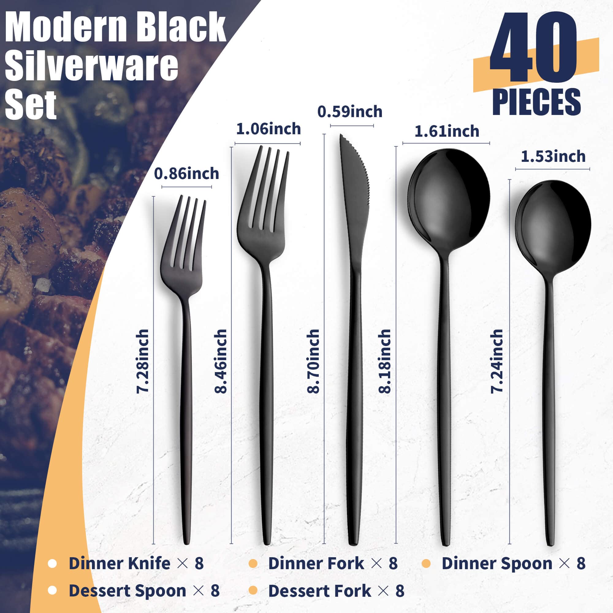 Joincook 40 Piece Black Silverware Set, Stainless Steel Flatware Cutlery Set Service for 8 Including Forks Spoons Knives,Kitchen Utensil Set,Tableware for Home and Restaurant, Dishwasher Safe