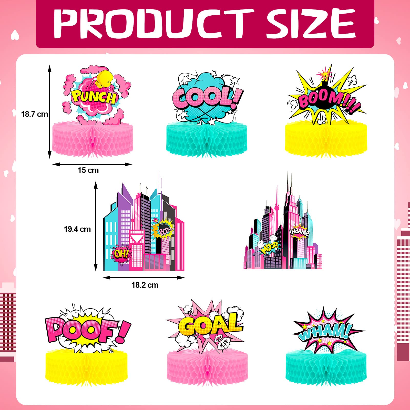 8 Pcs Hero Girl Party Supplies Hero Honeycomb Action Sign Pink Table Topper Centerpiece Paper Cardboard Cutouts for Happy Birthday Baby Girl Shower Party Favor