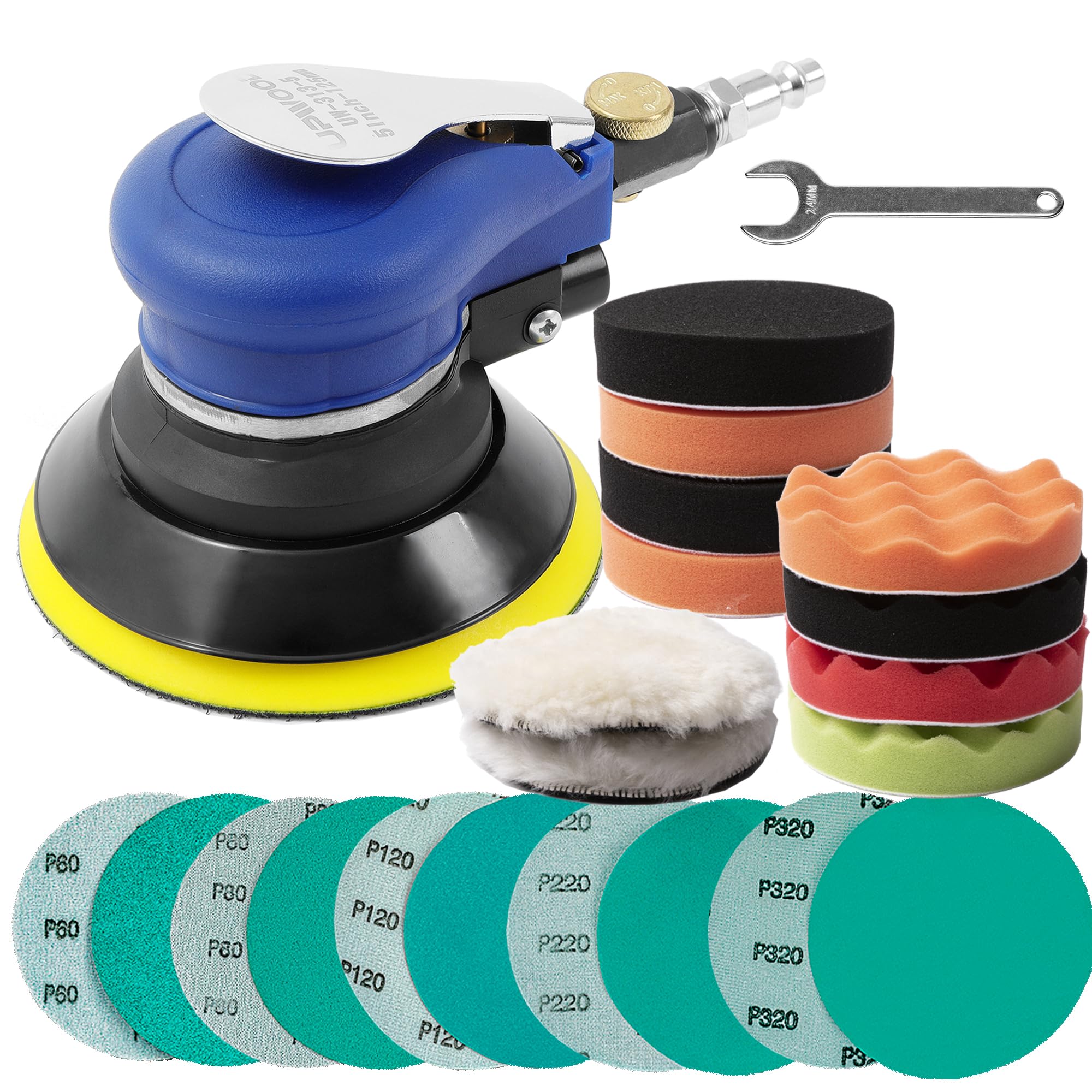 5 inch Air Random Orbital Sander for Auto Body Work, Pneumatic Palm Sander with 10 Polishing Sponge & Wool Pads, 10 Sandpapers (5 Inch Kit)