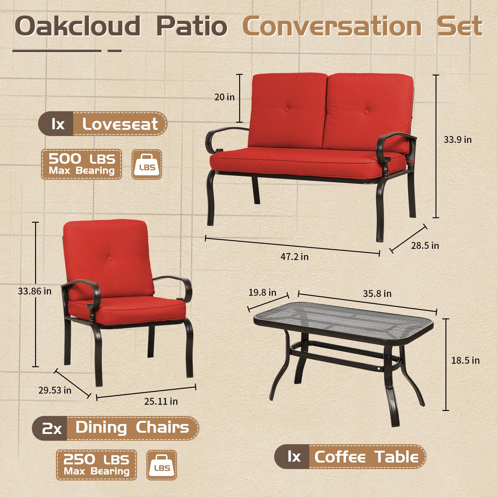 Oakcloud 4Pcs Metal Outdoor Furniture Patio Conversation Set (Loveseat and Coffee Table, 2 Dining Chair) -Wrought Iron Patio Chair Set with Cushions (Red)