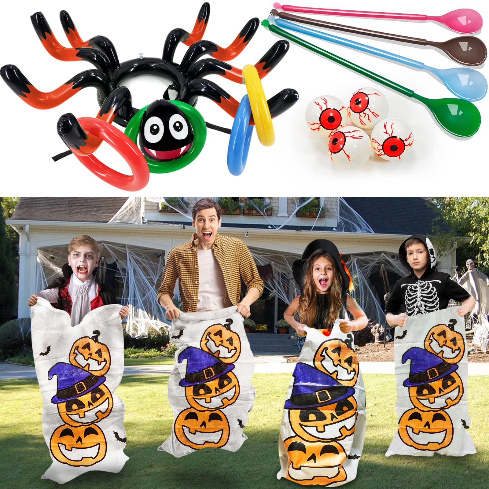 17 Pcs Halloween Party Games, 4 Potato Sack Race Bags, Inflatable Spider Ring Toss Game, 4 Eyeballs and Spoon Race Game for Kids Family Adults 4 Players Halloween Party Favor Decor Outdoor Indoor Yard