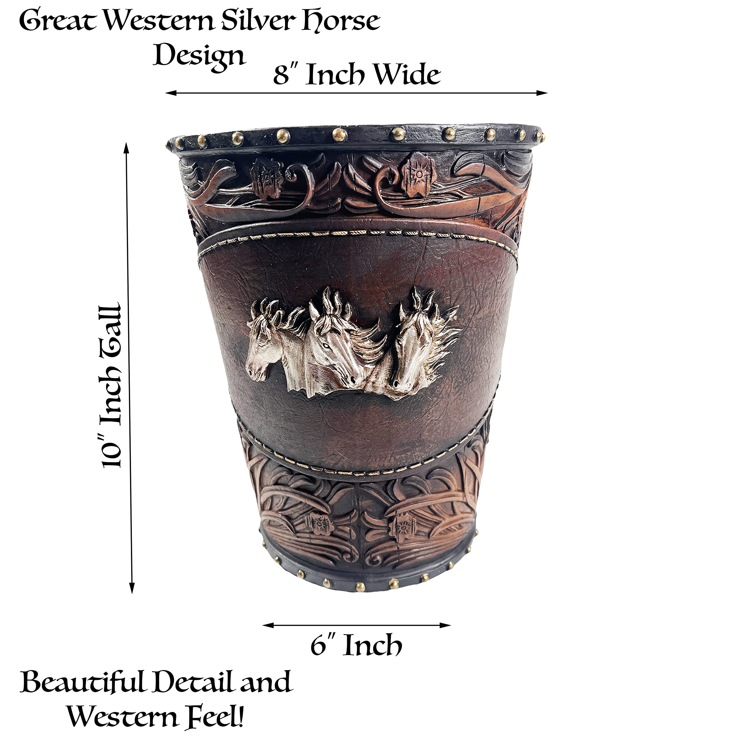 Urbalabs Silver Horse Leather Look Western Rustic Bathroom Trash Can Office Waste Basket Country Decor Rustic Office Garbage Can Cowboy Gun Decor Bathroom Decor Man Cave Western Waste