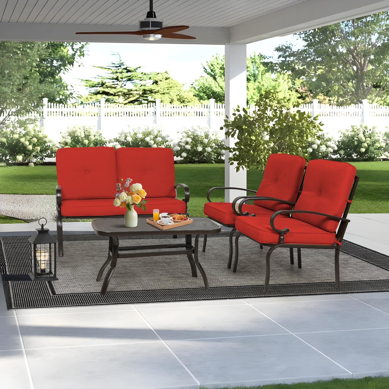 Oakcloud 4Pcs Metal Outdoor Furniture Patio Conversation Set (Loveseat and Coffee Table, 2 Dining Chair) -Wrought Iron Patio Chair Set with Cushions (Red)