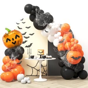 house of party halloween balloon garland kit 80 pcs - 5/10/12/18 inch orange and black white balloon arch with 1 pumpkin foil balloon, pvc bats & spider web for halloween party decorations