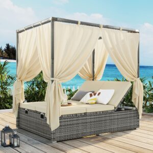 patio chaise lounge, pe rattan outdoor patio wicker sunbed daybed with adjustable seats, four-sided canopy, overhead curtain and beige cushions for backyard, garden, poolside (for 2-6 people)