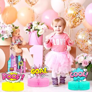 8 Pcs Hero Girl Party Supplies Hero Honeycomb Action Sign Pink Table Topper Centerpiece Paper Cardboard Cutouts for Happy Birthday Baby Girl Shower Party Favor