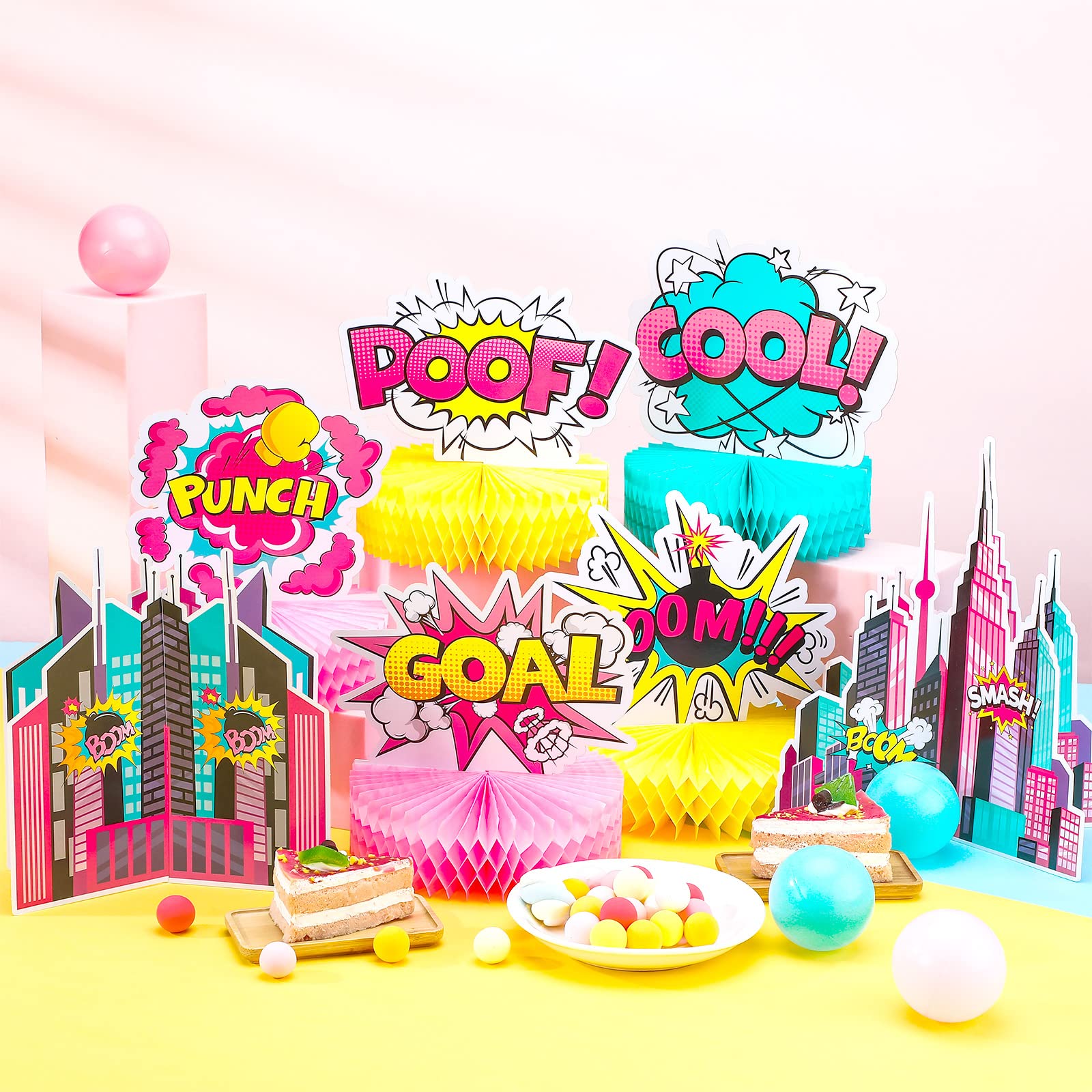 8 Pcs Hero Girl Party Supplies Hero Honeycomb Action Sign Pink Table Topper Centerpiece Paper Cardboard Cutouts for Happy Birthday Baby Girl Shower Party Favor