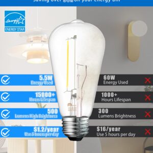 MASTERY MART E26 Led Bulb 60 Watt Equivalent, 5.5W Clear Edison Bulbs, Daylight White 4000k, CRI 90+, 500 Lumen, Vintage ST58 led Light Bulb for Home Non-Dimmable, 6 Pack